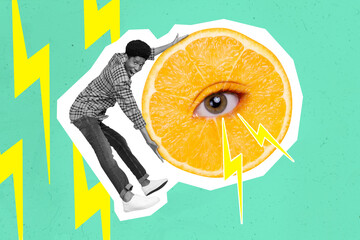 Creative collage of active person black white gamma hands hold orange eye energy isolated on...