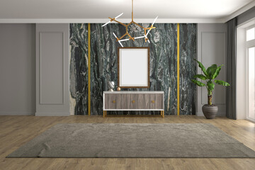 3D rendering of neoclassical empty living room interior. front view
