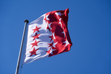 Flag of Canton Valais blowing in the wind on a sunny spring day. Photo taken April 4th, 2022, Sion,...