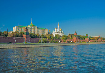 Russia - Moscow - Kremlin walls and towers along with Grand Kremlin Palace, Ivan the Great Bell Tower and cathedrals taken from river side. UNESCO World Heritage site