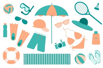 Beach set, accessories for sea holidays. Bright colorful vector illustration isolated on white background