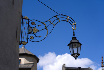 Lantern at the old town of Sion on a sunny spring day. Photo taken April 4th, 2022, Sion,...