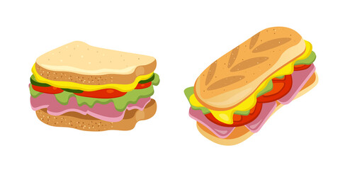 Set of delicious sandwiches in cartoon style. Vector illustration of homemade breakfast or street food on white background.