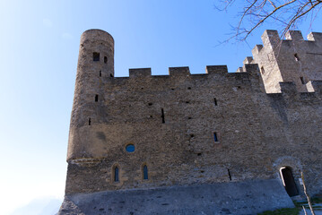 Beautiful ruins of medieval Tourbillon Castle on a hill at City of Sion on a sunny spring day. Photo taken April 4th, 2022, Sion, Switzerland.