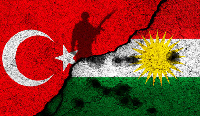 Turkish-Kurdish conflict, war concept. Flags background, cracked and damaged concrete wall