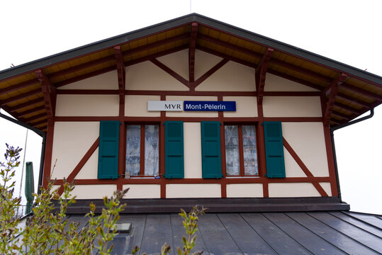 Mountain station of Funicular Vevey-Mont-P&egrave;lerin on a cloudy spring day. Photo taken April 4th, 2022, Vevey, Switzerland.