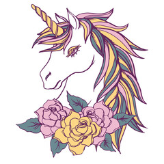 Unicorn and roses illustration hand drawn vector