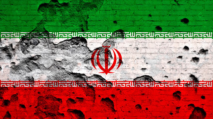 Flag of Iran painted on damaged brick wall. Military conflict, war concept photo