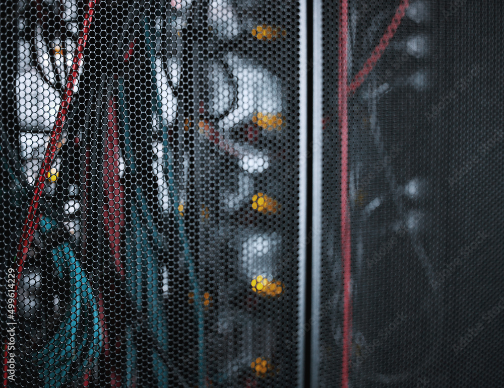 Poster The data hub. Shot of an empty server room.