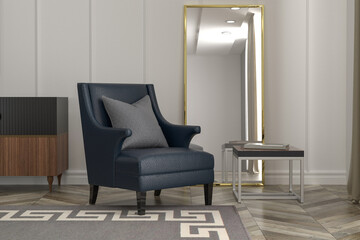3D rendering of neoclassical armchair in living room . mirror frame 