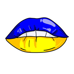 Female lips vector cartoon illustration.Lips drawn of the Ukrainian flag colors are blue-yellow,image isolated on white background.Idea for printing on clothes,emblem,logo.Patriotic Ukrainian concept