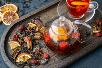 Fruit tea in a glass bowl. Healthy food, vitamins, antioxidants.