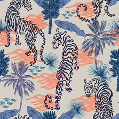 Trendy seamless pattern with Chinese tiger in lush stylized tropics, Asian motifs. symbol of the Chinese new year according to the lunar calendar.
