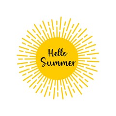 Hand drawn Hello Summer lettering with yellow sun doodles. Bright vector illustration