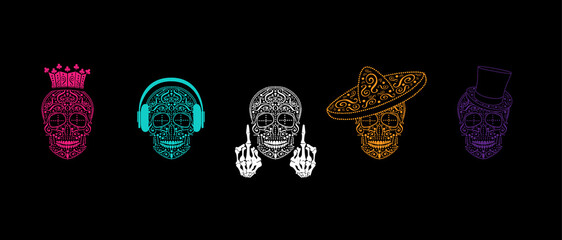 Set of different skull characters with different modern style king, Mexican, music and middle finger up,  on dark background. - obrazy, fototapety, plakaty