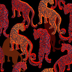 Trendy seamless pattern with Chinese tiger in lush stylized tropics, Asian motifs. symbol of the Chinese new year according to the lunar calendar.