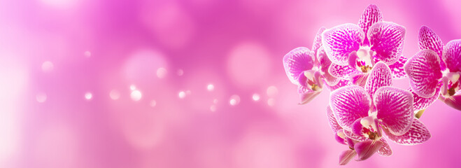 beautiful isolated pink orchid flower at the edge of blurred background with copy space, floral...
