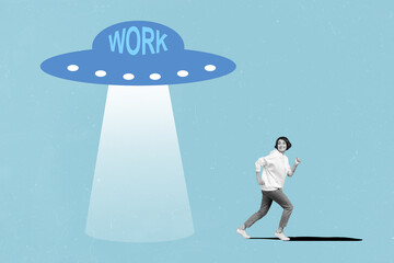 Composite picture of girl running hurry fast away ufo black white gamma isolated on blue background