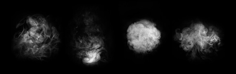 Smoke over black background. Fog or steam abstract texture collage. Set collection.