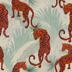 Trendy seamless pattern with Chinese tiger in lush stylized tropics, Asian motifs. symbol of the Chinese new year according to the lunar calendar.