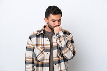 Young Brazilian man isolated on white background having doubts