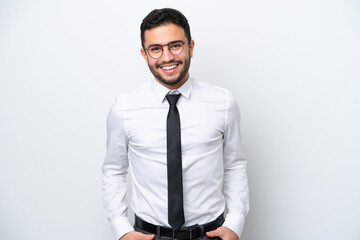 Business Brazilian man isolated on white background laughing