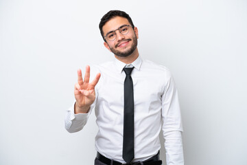 Business Brazilian man isolated on white background happy and counting three with fingers