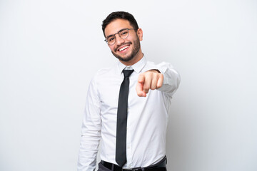 Business Brazilian man isolated on white background points finger at you with a confident expression