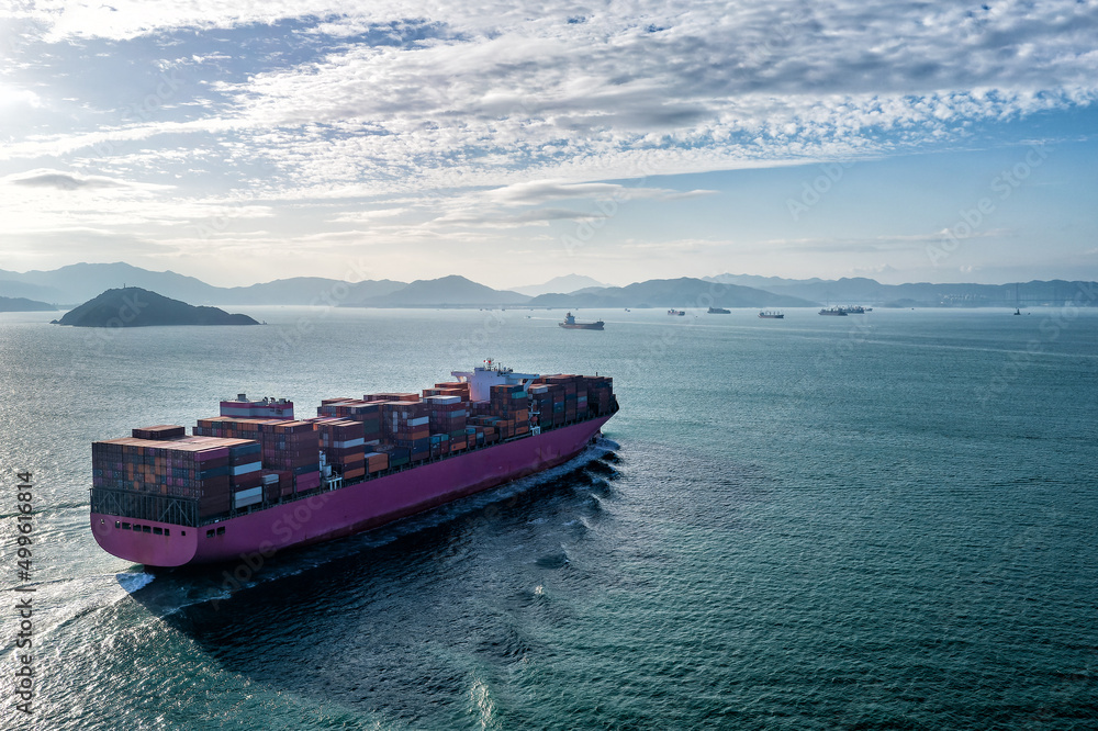 Poster Aerial view of fully loaded container ship  arriving Hong Kong