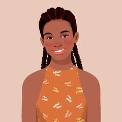 young black teen girl in a T-shirt with the words "wow". Avatar for a social network.  fashion illustration isolated on background. Portrait