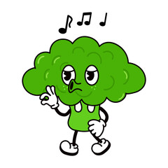Cute funny broccoli walking singing character. Vector hand drawn traditional cartoon vintage, retro, kawaii character illustration icon. Isolated on white background. Broccoli cabbage walk and sing