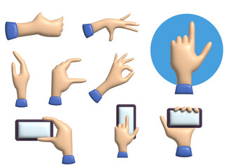 3d cartoon hands, various hand gestures. Hands with a mobile phone on a white isolated background.