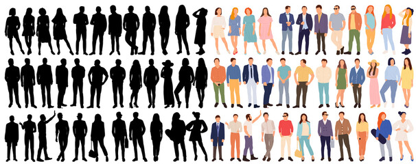 girls, women, men silhouette set, on white background, isolated, vector