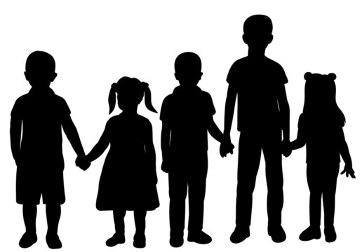 children holding hands silhouette, on white background, isolated, vector
