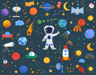 space, astronaut, planets, satellites set flat design, isolated, vector