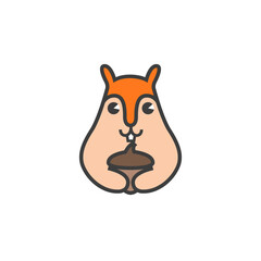  Simple playful squirrel logo design. Cute cartoon squirrel holding acorn graphic illustration.