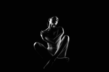 Beautiful Naked Body Girl. Black and white portrait