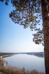 Obraz premium View from the shore of open-air museum Tomsk pisanitsa located north-west of Kemerovo on the right bank of the Tom River in Western Siberia, Russia. 