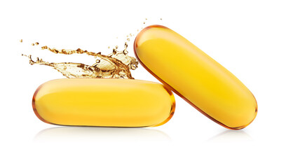 Fish oil softgel capsules isolated on white background. Omega 3 dietary supplement - obrazy, fototapety, plakaty