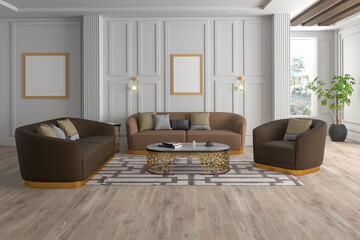 3D rendering of neoclassical living room interior. front view