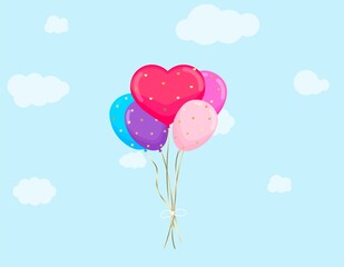 Fototapeta na wymiar Set of colorful balloons. Congratulations on your birthday, wedding. Bright postcard, blue sky with clouds. Vector illustration. 