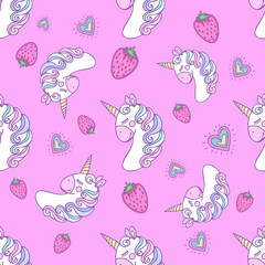 Cute unicorn face and strawberry seamless pattern on pink background. Vector illustration can be used for baby clothing design and for scrapbooking design for wrapping and digital paper.