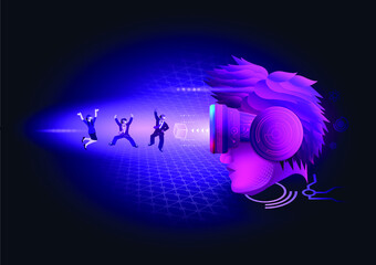Metaverse Technology concept. A man head  facing and three busunessman to use VR virtual reality goggle for experiences of metaverse virtual world