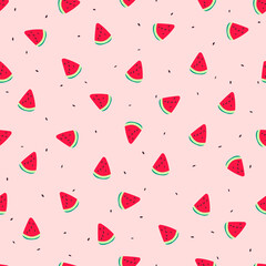 Vector watermelons hand drawn seamless pattern. Cute summer fresh fruits print. Watermelon red slices and seeds repeat texture on pink background for wallpaper, fabric design, decor, textile