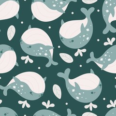 Seamless pattern with cartoon whale. Colorful vector flat style. hand drawing. design for print, wrapper, fabric.