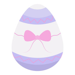 Easter Egg. The souvenir is decorated with a pink bow and a zigzag ornament. Color vector illustration. Isolated background. Flat style. Festive print. Idea for web design, invitations, postcards. 