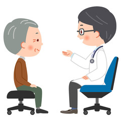 Obraz premium 診察する医師と患者のおじいさんのイラスト