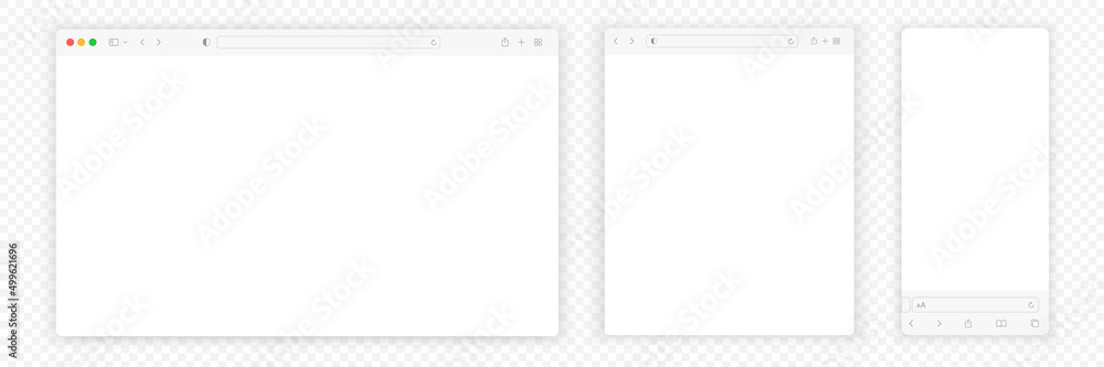 Poster Web browser window white template. Realistic blank browser window with toolbar and shadow. Sample frame design Internet page mockup. PC, laptop, tablet and smartphone empty web page mockup.