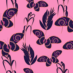 Butterfly seamless pattern. Decorating butterflies on a pink background with plants. Mandala pattern.