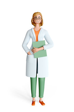 3d render character doctor. Female doctor of medicine wears white uniform and glasses. Medical clipart isolated on a white background. 3d illustration